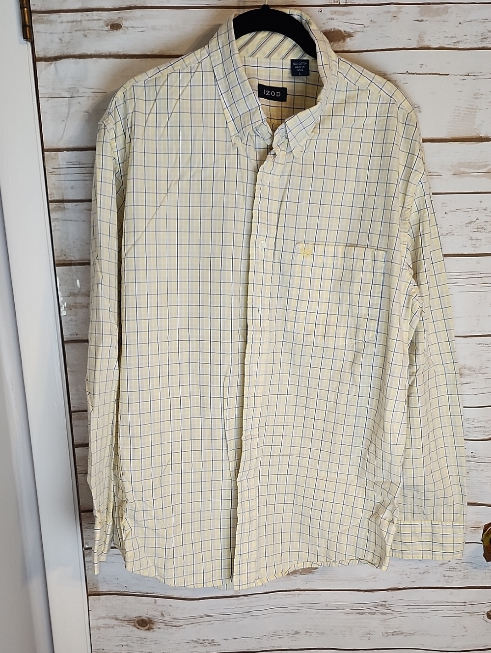 Izod Men's Light Yellow Plaid Button-Down Shirt Size Large